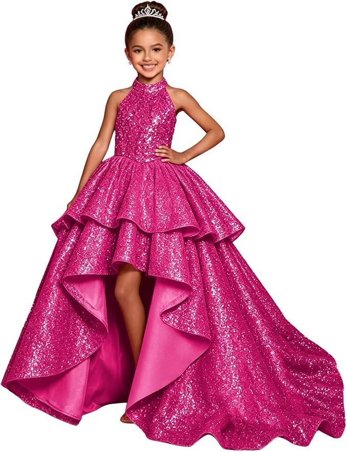 TinyTulle Elegant Sparkling Sequin Halter High-Low Flower Girl Dress for Special Occasions
