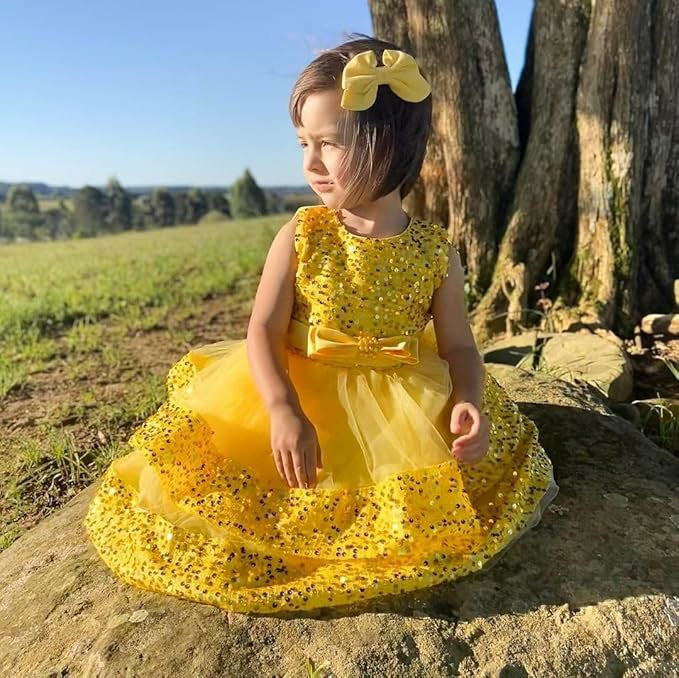 TinyTulle Sleeveless Sequin Tulle Flower Girl Dress with Bow Belt
