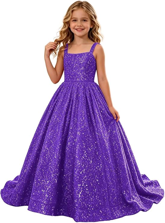 TinyTulle Sparkly Sequin Square Neck Long Flower Girl Pageant Gown