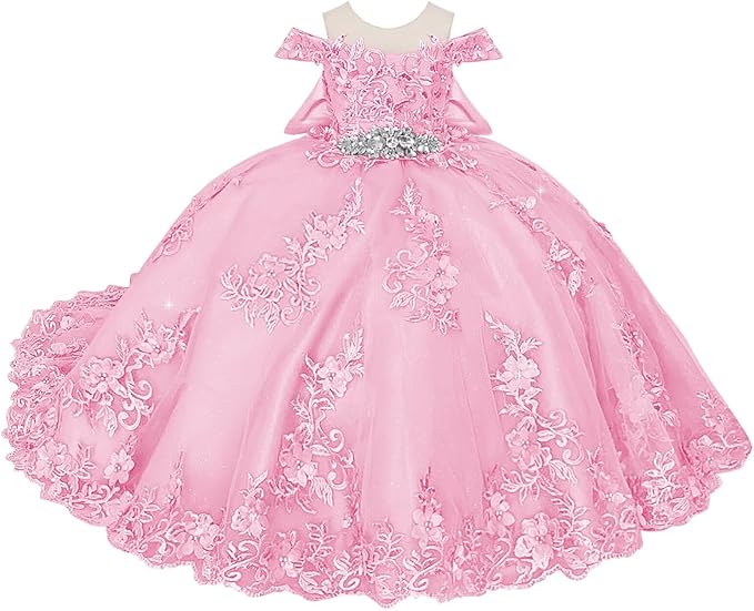 TinyTulle Blue Off Shoulder Floral Lace Applique Tulle Flower Girl Dress with Bow