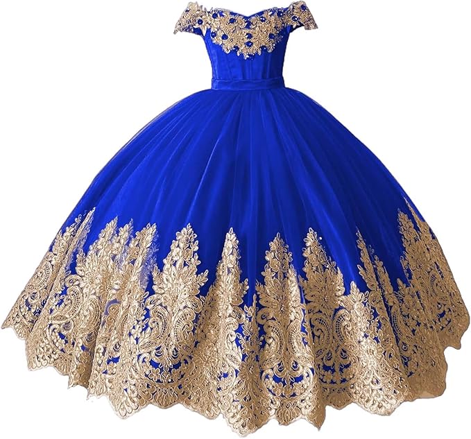 TinyTulle Off-Shoulder Gold Lace Applique Tulle Ball Gown Flower Girl Dress
