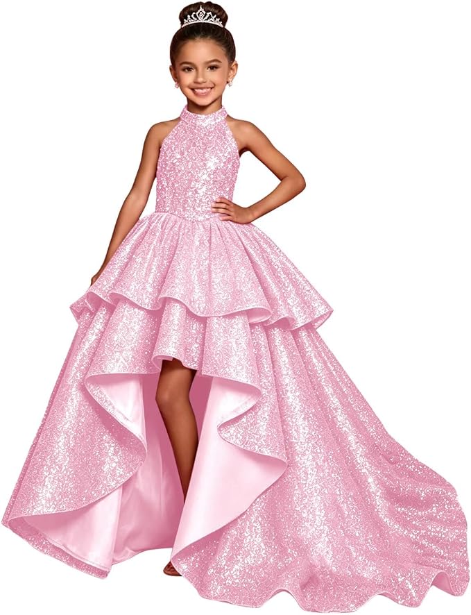 TinyTulle Elegant Sparkling Sequin Halter High-Low Flower Girl Dress for Special Occasions