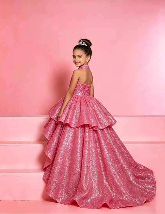 TinyTulle Elegant Sparkling Sequin Halter High-Low Flower Girl Dress for Special Occasions