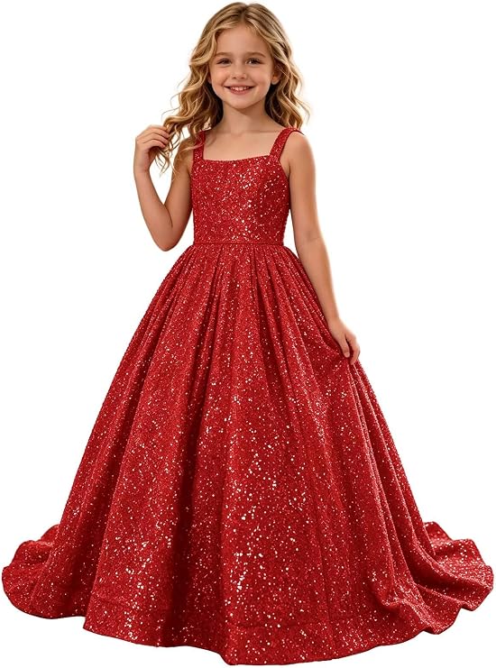 TinyTulle Sparkly Sequin Square Neck Long Flower Girl Pageant Gown