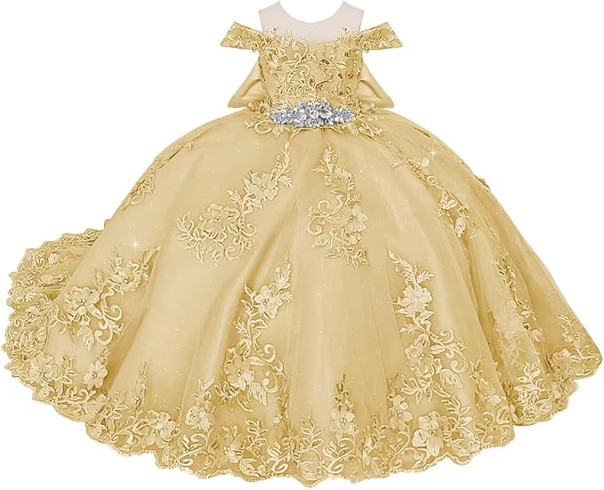 TinyTulle Blue Off Shoulder Floral Lace Applique Tulle Flower Girl Dress with Bow