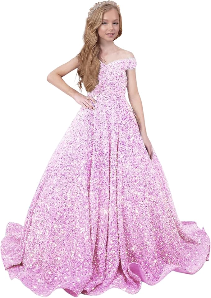 TinyTulle Sparkly Off-Shoulder Sequin Flower Girl Dress Pageant Gown