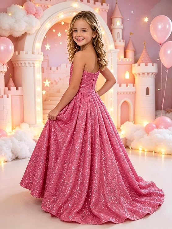 TinyTulle Sparkly Sequin One Shoulder Princess Flower Girl Dress