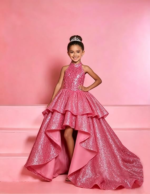 TinyTulle Elegant Sparkling Sequin Halter High-Low Flower Girl Dress for Special Occasions