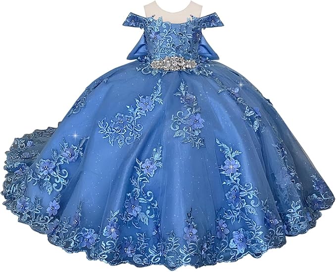 TinyTulle Blue Off Shoulder Floral Lace Applique Tulle Flower Girl Dress with Bow