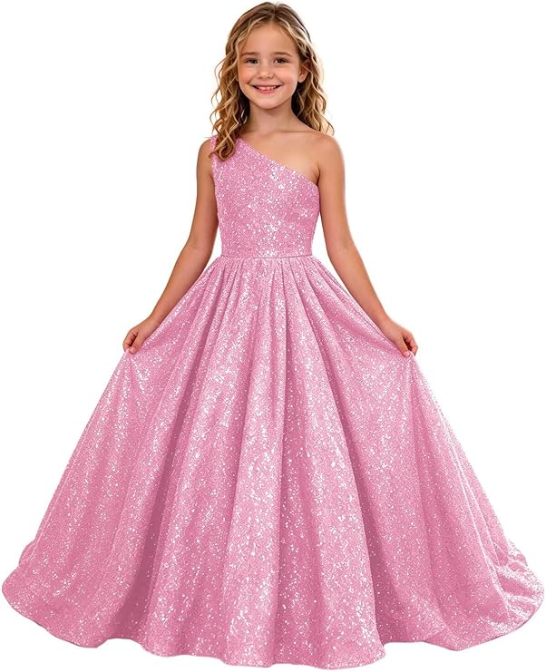 TinyTulle Sparkly Sequin One Shoulder Princess Flower Girl Dress