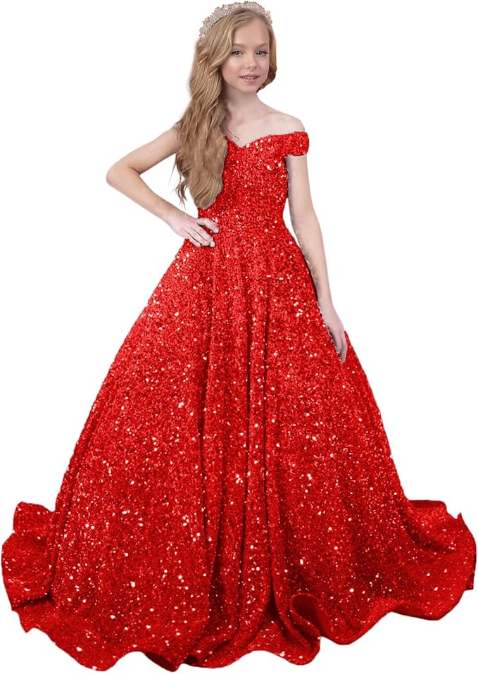 TinyTulle Sparkly Off-Shoulder Sequin Flower Girl Dress Pageant Gown