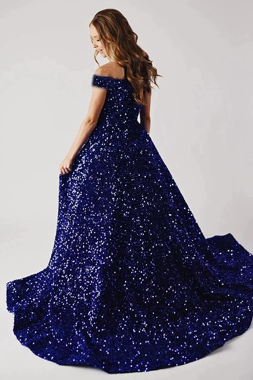 TinyTulle Sparkly Off-Shoulder Sequin Flower Girl Dress Pageant Gown