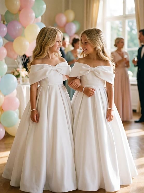 TinyTulle Elegant Off Shoulder Satin Princess Flower Girl Dress for Wedding