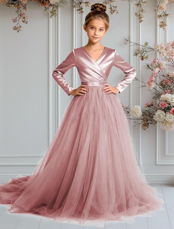TinyTulle Elegant Long Sleeve Satin Tulle Princess Flower Girl Formal Gown