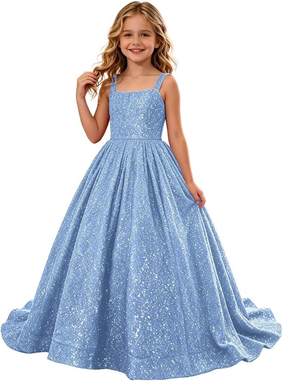 TinyTulle Sparkly Sequin Square Neck Long Flower Girl Pageant Gown
