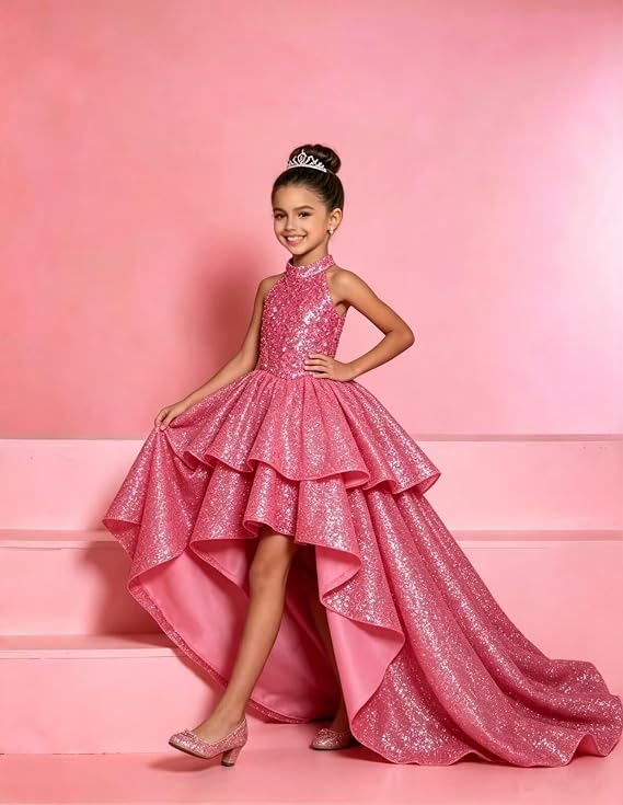 TinyTulle Elegant Sparkling Sequin Halter High-Low Flower Girl Dress for Special Occasions