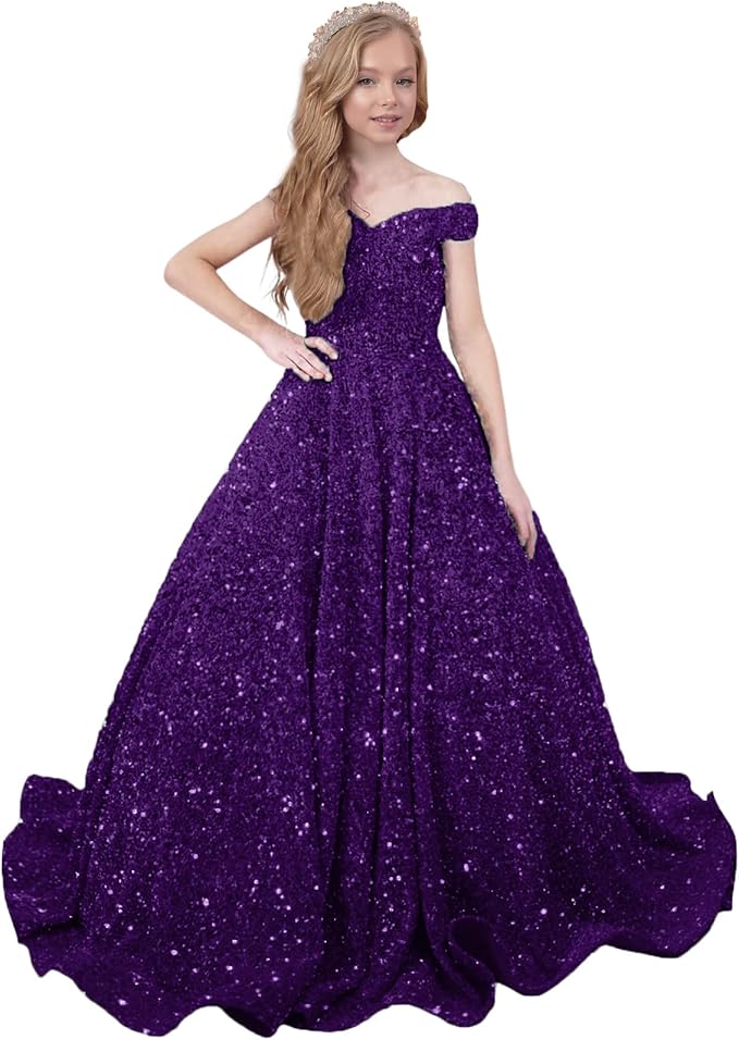 TinyTulle Sparkly Off-Shoulder Sequin Flower Girl Dress Pageant Gown