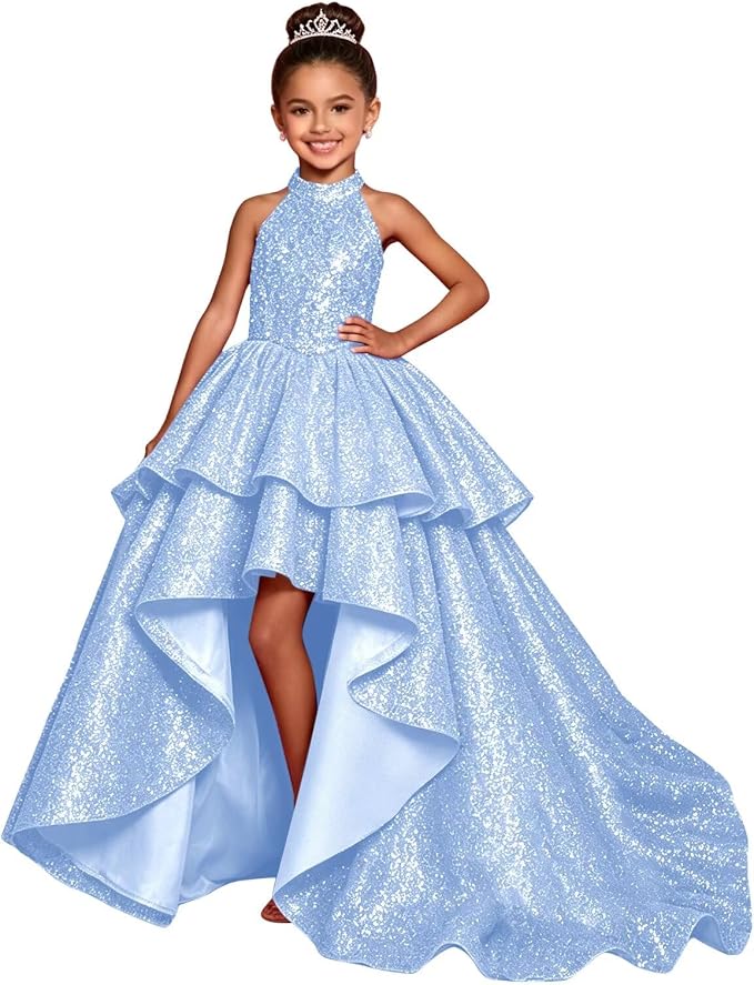 TinyTulle Elegant Sparkling Sequin Halter High-Low Flower Girl Dress for Special Occasions