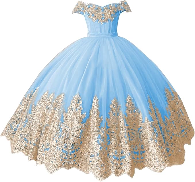 TinyTulle Off-Shoulder Gold Lace Applique Tulle Ball Gown Flower Girl Dress