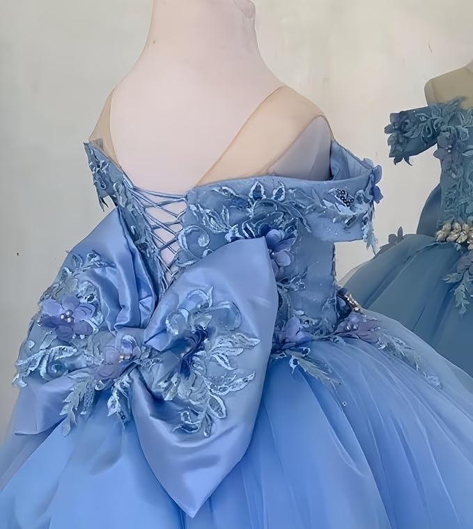 TinyTulle Blue Off Shoulder Floral Lace Applique Tulle Flower Girl Dress with Bow
