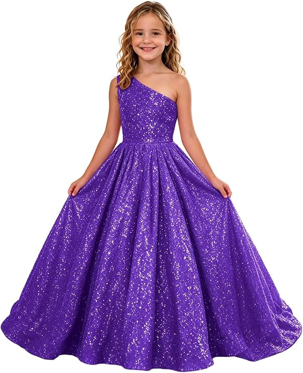 TinyTulle Sparkly Sequin One Shoulder Princess Flower Girl Dress
