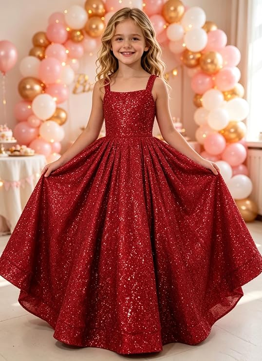TinyTulle Sparkly Sequin Square Neck Long Flower Girl Pageant Gown