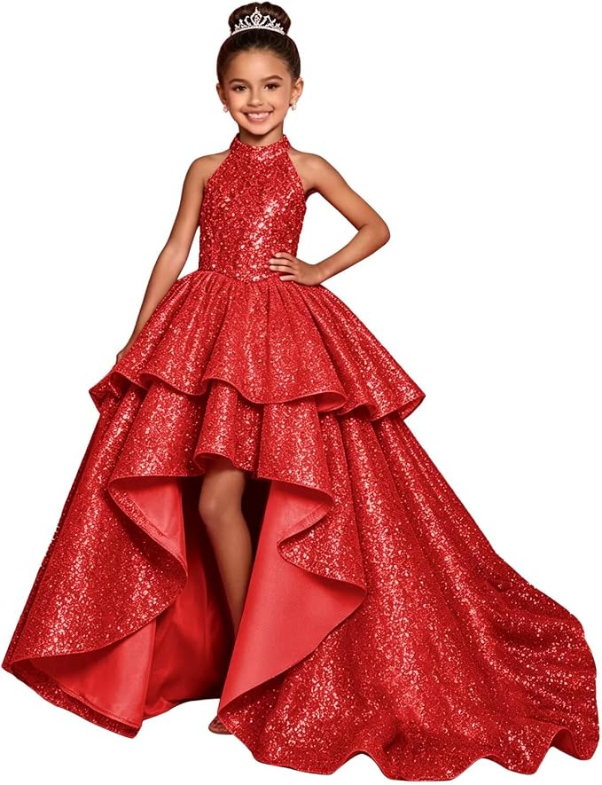 TinyTulle Elegant Sparkling Sequin Halter High-Low Flower Girl Dress for Special Occasions