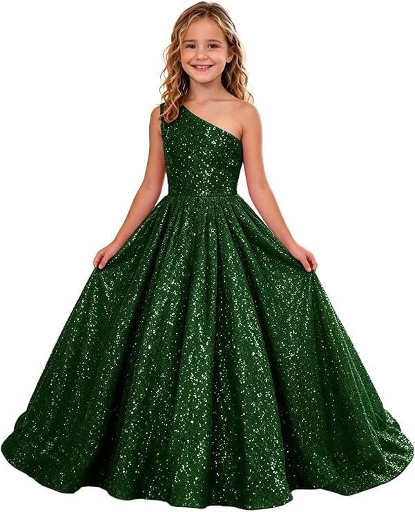 TinyTulle Sparkly Sequin One Shoulder Princess Flower Girl Dress
