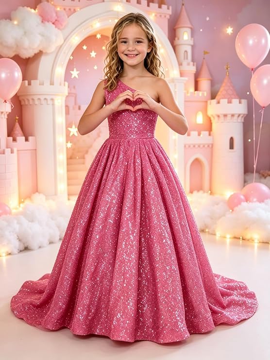 TinyTulle Sparkly Sequin One Shoulder Princess Flower Girl Dress