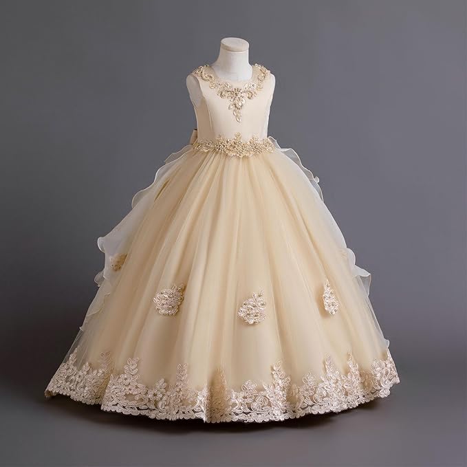 TinyTulle Champagne Lace Appliqué Layered Tulle Flower Girl Dress with Bow