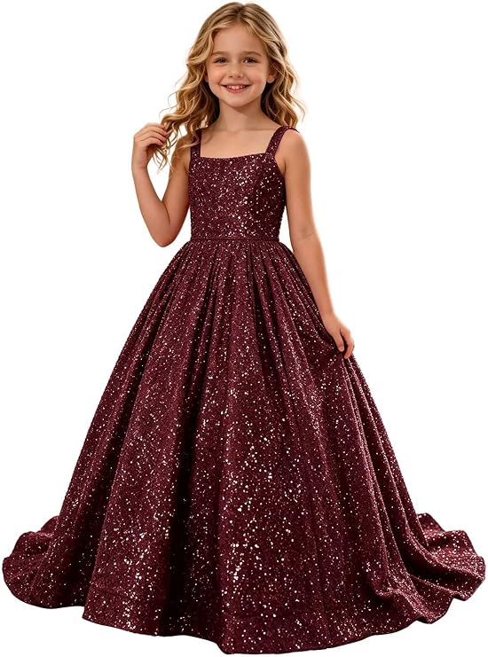 TinyTulle Sparkly Sequin Square Neck Long Flower Girl Pageant Gown