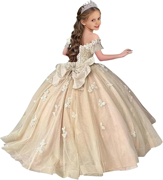 TinyTulle Butterfly Glitter Tulle Flower Girl Dress with Off Shoulder Sleeves &amp; Bow