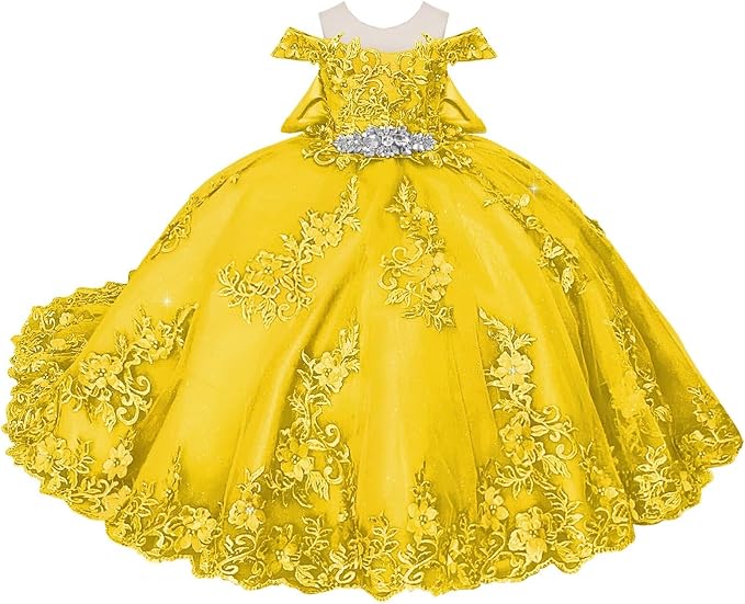 TinyTulle Blue Off Shoulder Floral Lace Applique Tulle Flower Girl Dress with Bow