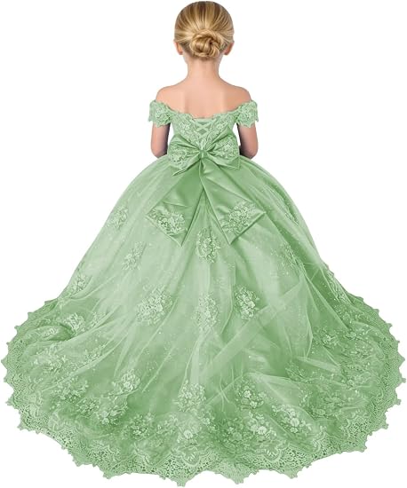 TinyTulle Sparkly Tulle 3D Flower Lace Applique Flower Girl Pageant Gown with Bow