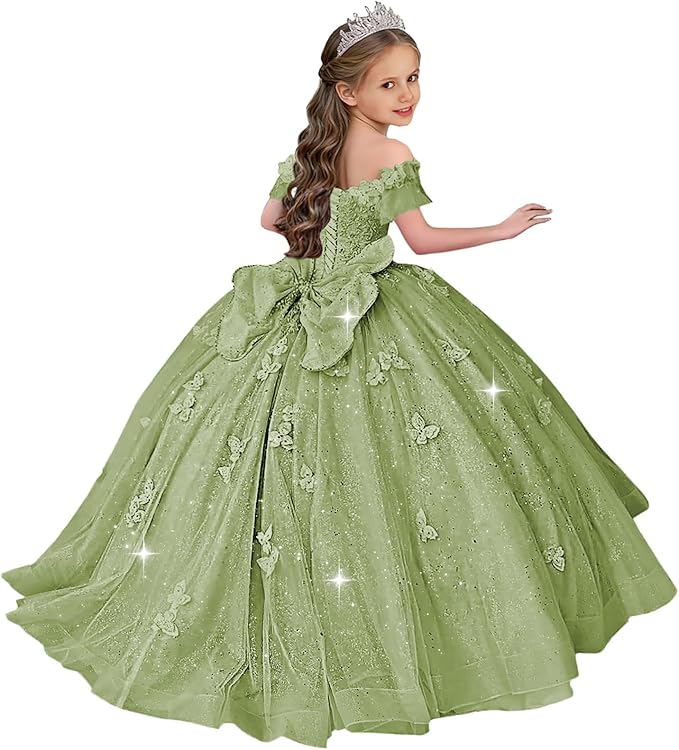 TinyTulle Butterfly Glitter Tulle Flower Girl Dress with Off Shoulder Sleeves &amp; Bow