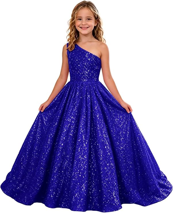 TinyTulle Sparkly Sequin One Shoulder Princess Flower Girl Dress