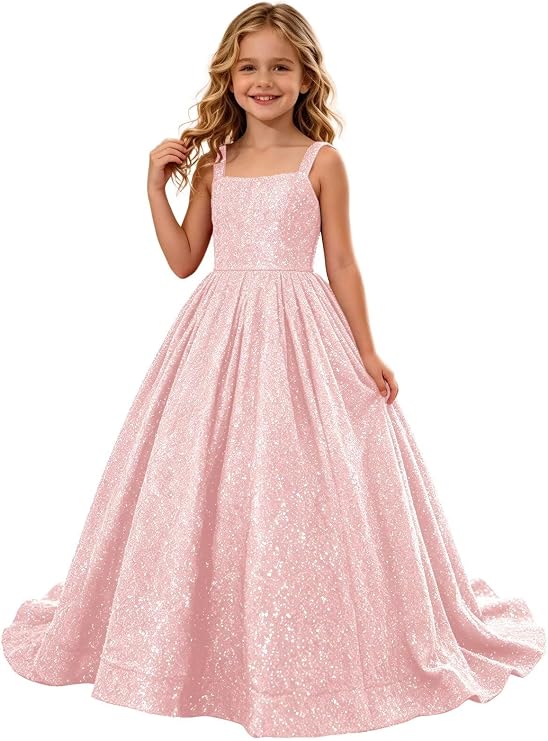 TinyTulle Sparkly Sequin Square Neck Long Flower Girl Pageant Gown