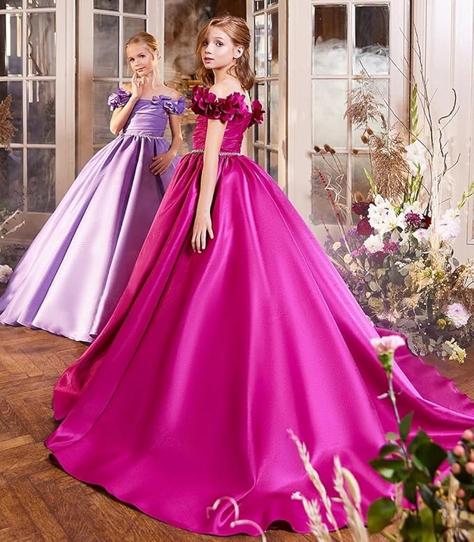 TinyTulle Fuchsia Pink Satin Flower Girl Dress with Off-Shoulder Floral Sleeves