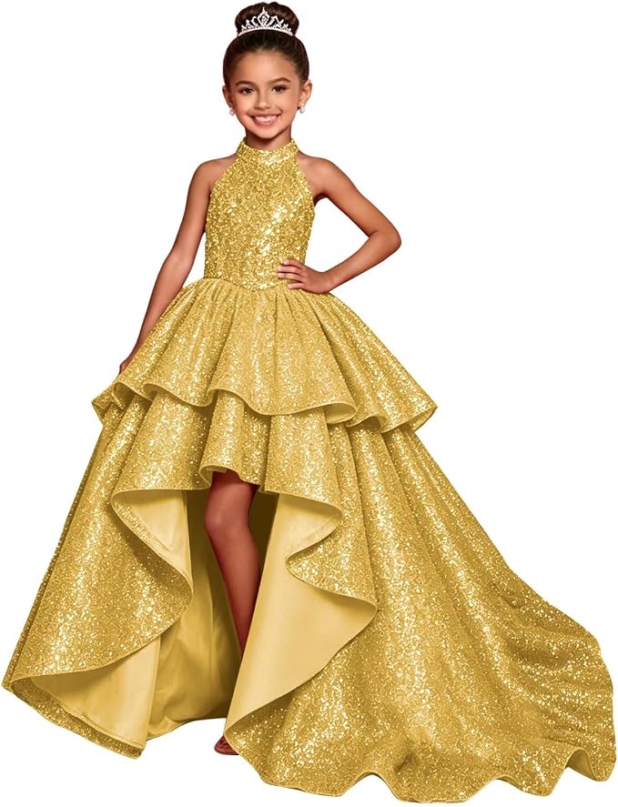 TinyTulle Elegant Sparkling Sequin Halter High-Low Flower Girl Dress for Special Occasions