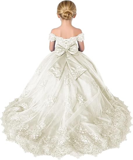 TinyTulle Sparkly Tulle 3D Flower Lace Applique Flower Girl Pageant Gown with Bow