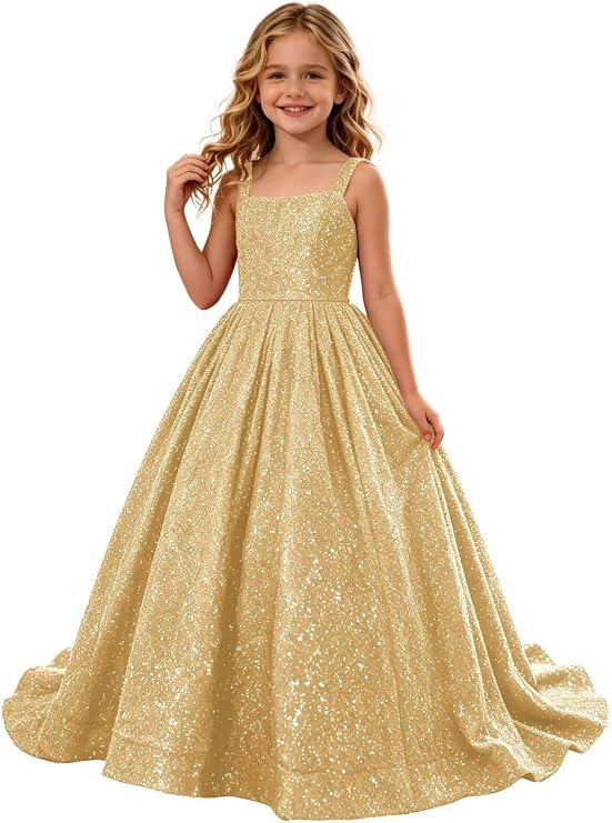TinyTulle Sparkly Sequin Square Neck Long Flower Girl Pageant Gown