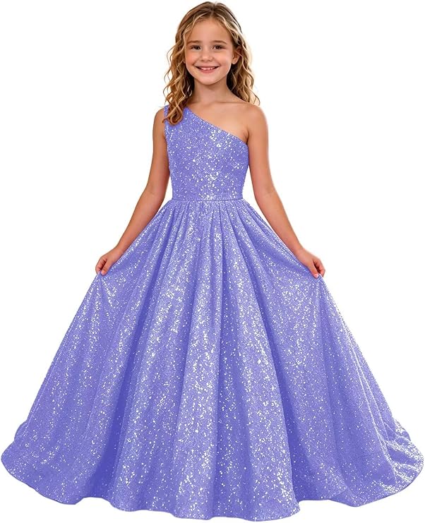 TinyTulle Sparkly Sequin One Shoulder Princess Flower Girl Dress
