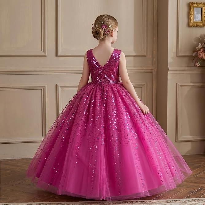 TinyTulle Sparkly Sequin Tulle Long Princess Flower Girl Dress for Special Occasions