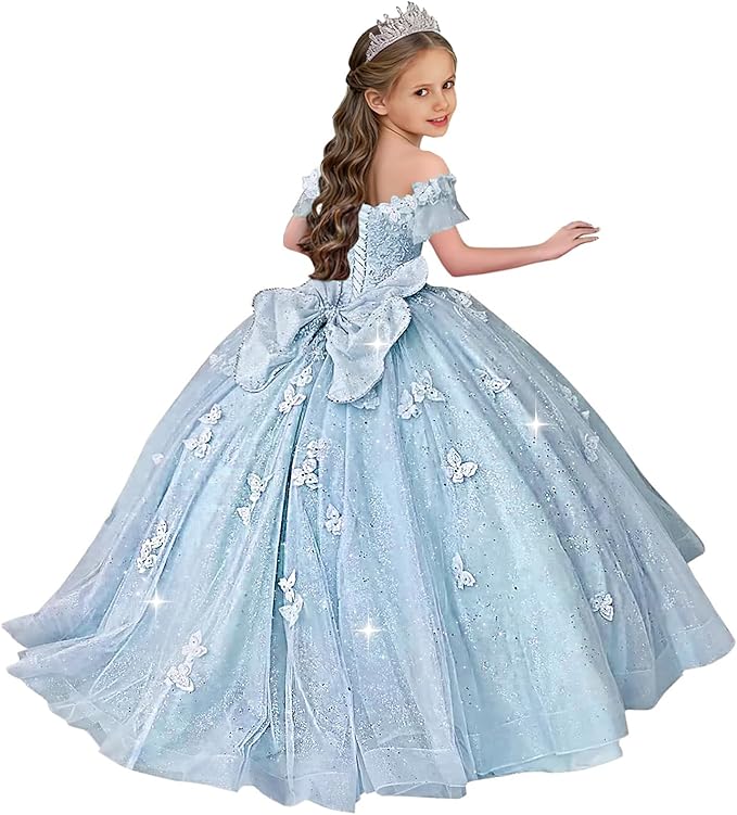 TinyTulle Butterfly Glitter Tulle Flower Girl Dress with Off Shoulder Sleeves &amp; Bow