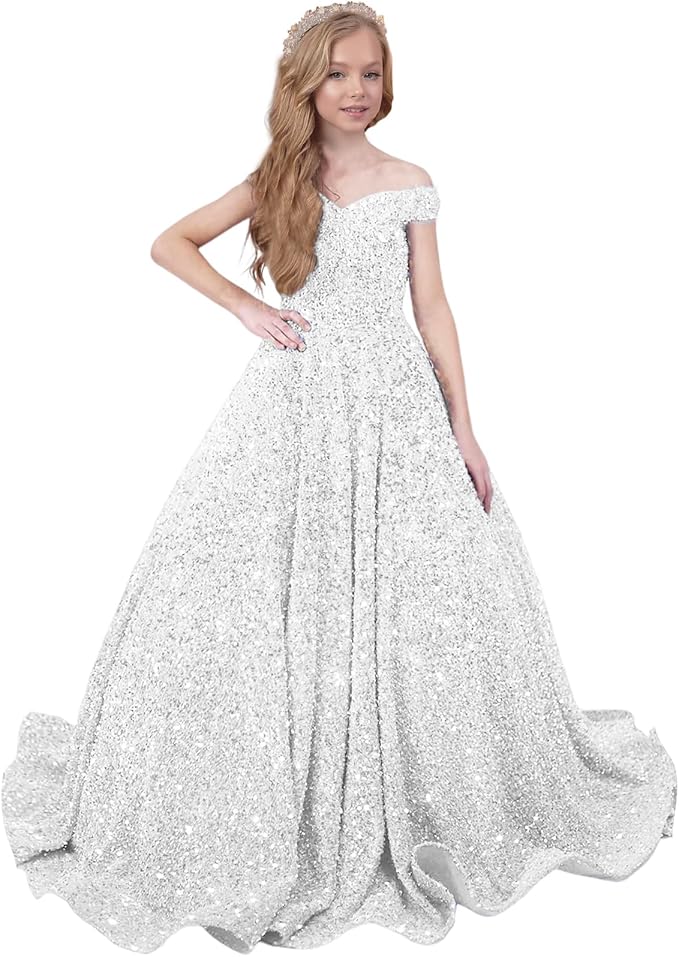 TinyTulle Sparkly Off-Shoulder Sequin Flower Girl Dress Pageant Gown
