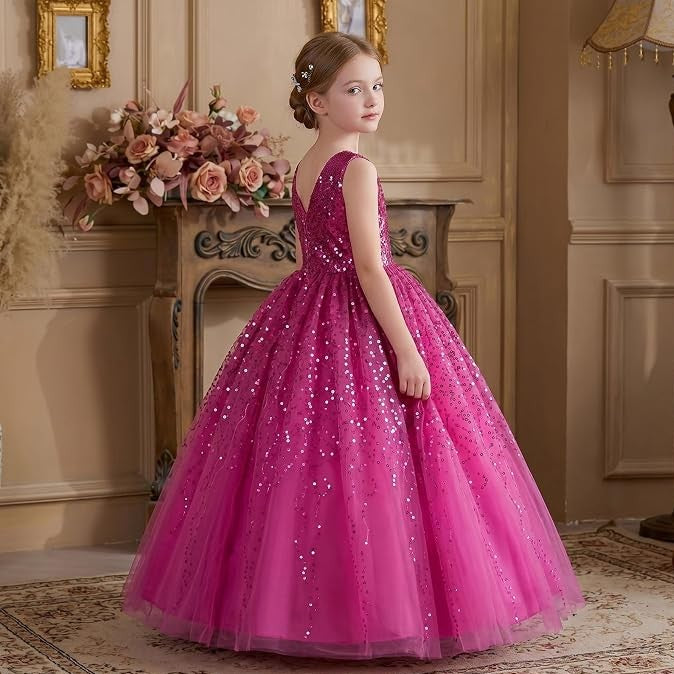 TinyTulle Sparkly Sequin Tulle Long Princess Flower Girl Dress for Special Occasions