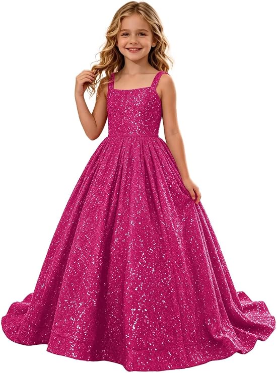 TinyTulle Sparkly Sequin Square Neck Long Flower Girl Pageant Gown