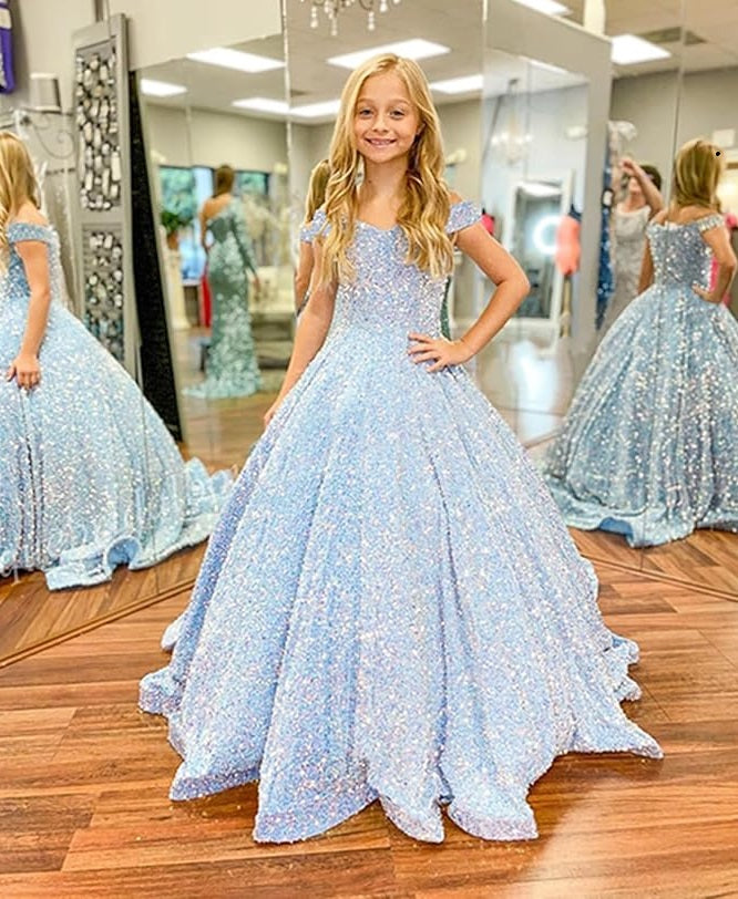 TinyTulle Sparkly Off-Shoulder Sequin Flower Girl Dress Pageant Gown