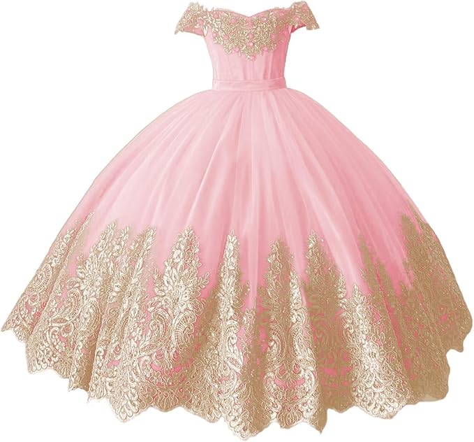 TinyTulle Off-Shoulder Gold Lace Applique Tulle Ball Gown Flower Girl Dress