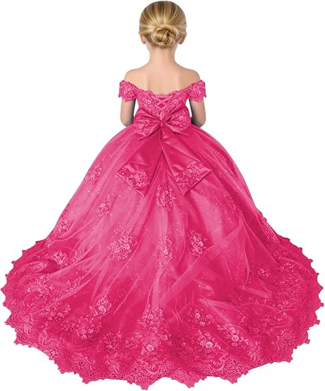 TinyTulle Sparkly Tulle 3D Flower Lace Applique Flower Girl Pageant Gown with Bow